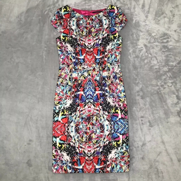 Tahari Dress Womens 14 Multicolor Geometric Print Cap Sleeve Crew Neck Sheath - Picture 9 of 9